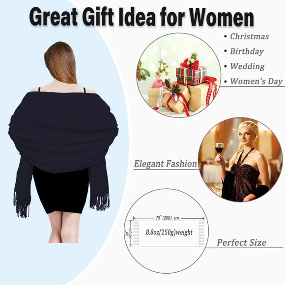 Womens Navy Pashmina Scarf Shawls & Wraps for Evening Dress Wedding Bridesmaid - Picture 4 of 7